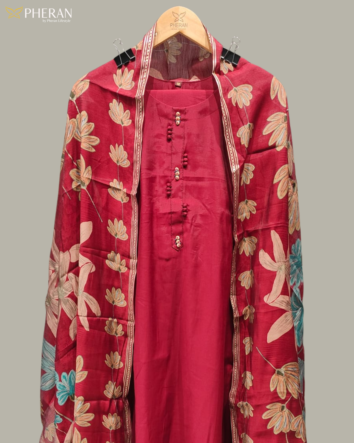 Pheran Women's Ruby Red Modal Suit Set with Floral Print Dupatta  AM75