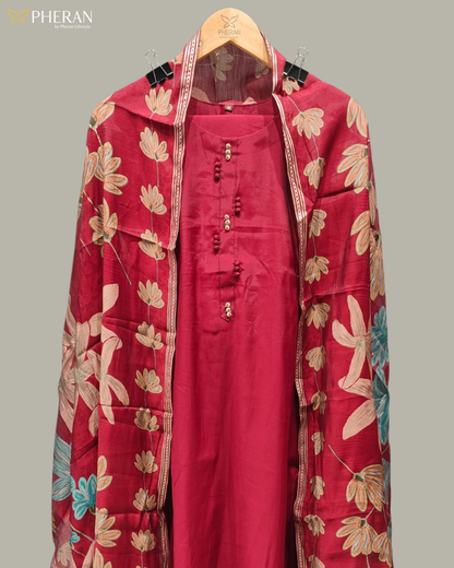 Pheran Women's Ruby Red Modal Suit Set with Floral Print Dupatta  AM75