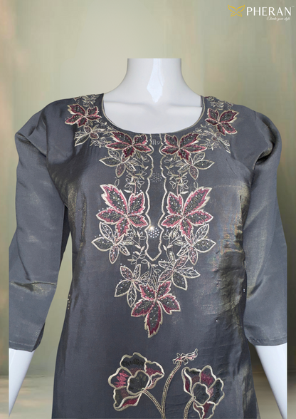 Pheran Charcoal Grey Floral Embroidered Kurta Set with Dupatta (A2-GR-SU)