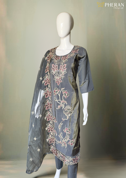 Pheran Charcoal Grey Floral Embroidered Kurta Set with Dupatta (A2-GR-SU)