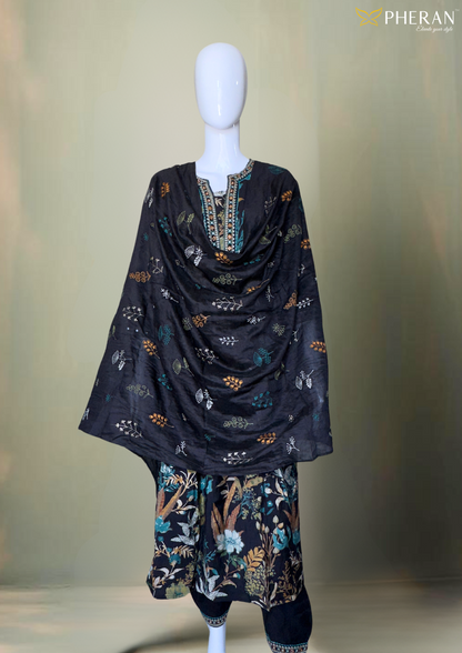 Pheran Black Floral Women's  Anarkali Kurta Set with Dupatta (M4-1973-BL-AK)