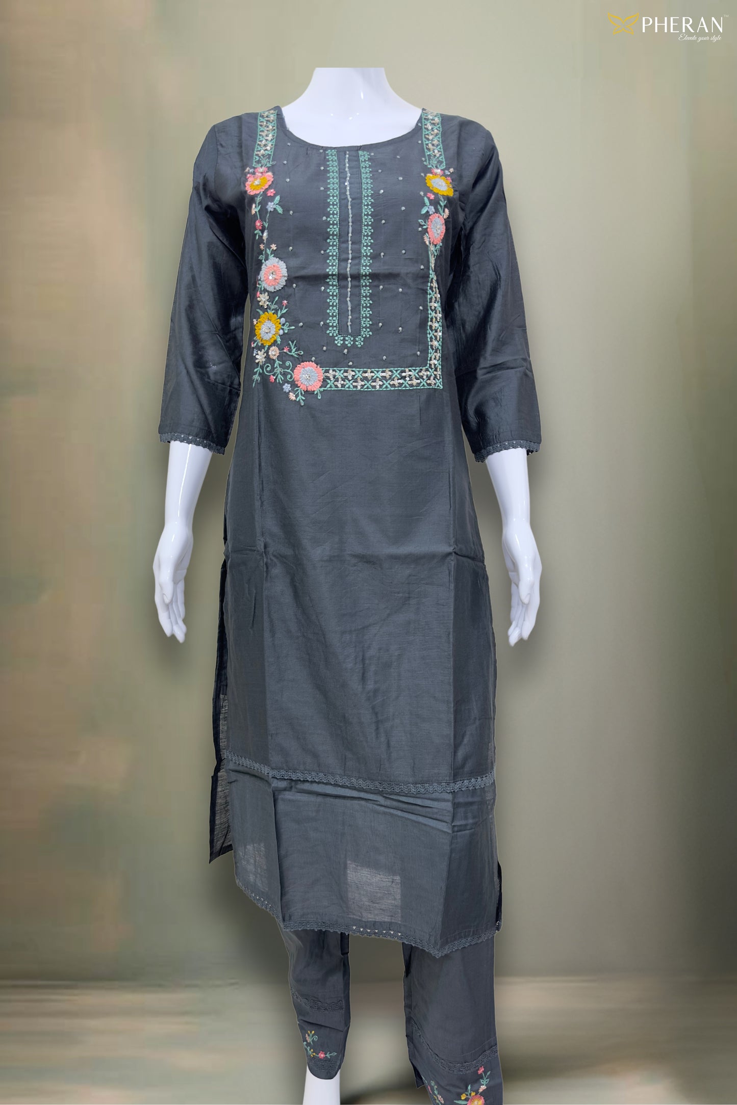 Pheran Charcoal Grey Floral Embroidered Kurta Set with Dupatta (SV-KL71-GR)