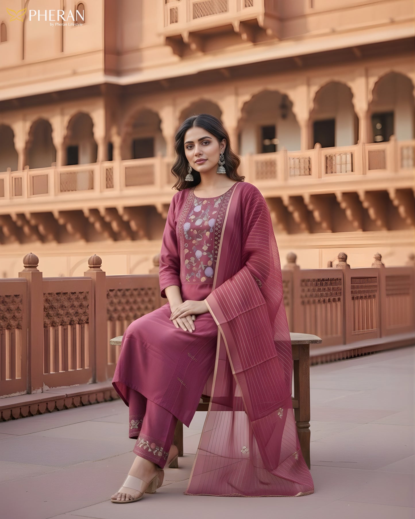 Pheran Deep Maroon Floral Embroidered Kurta Set with Dupatta (SV-KL72-MN)