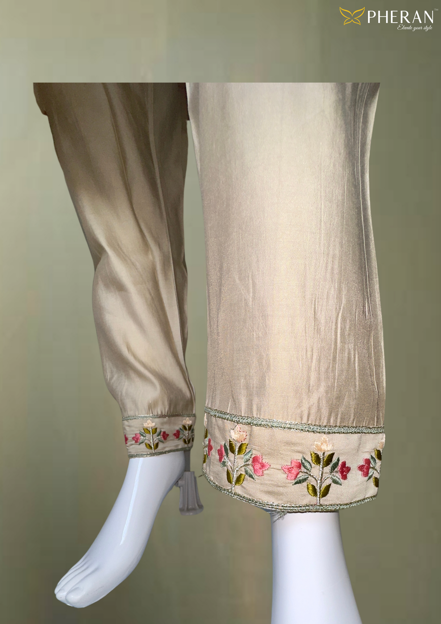 Pheran Beige Floral Embroidered Kurta Set with Light Pink Dupatta (A2-BEP-SU)
