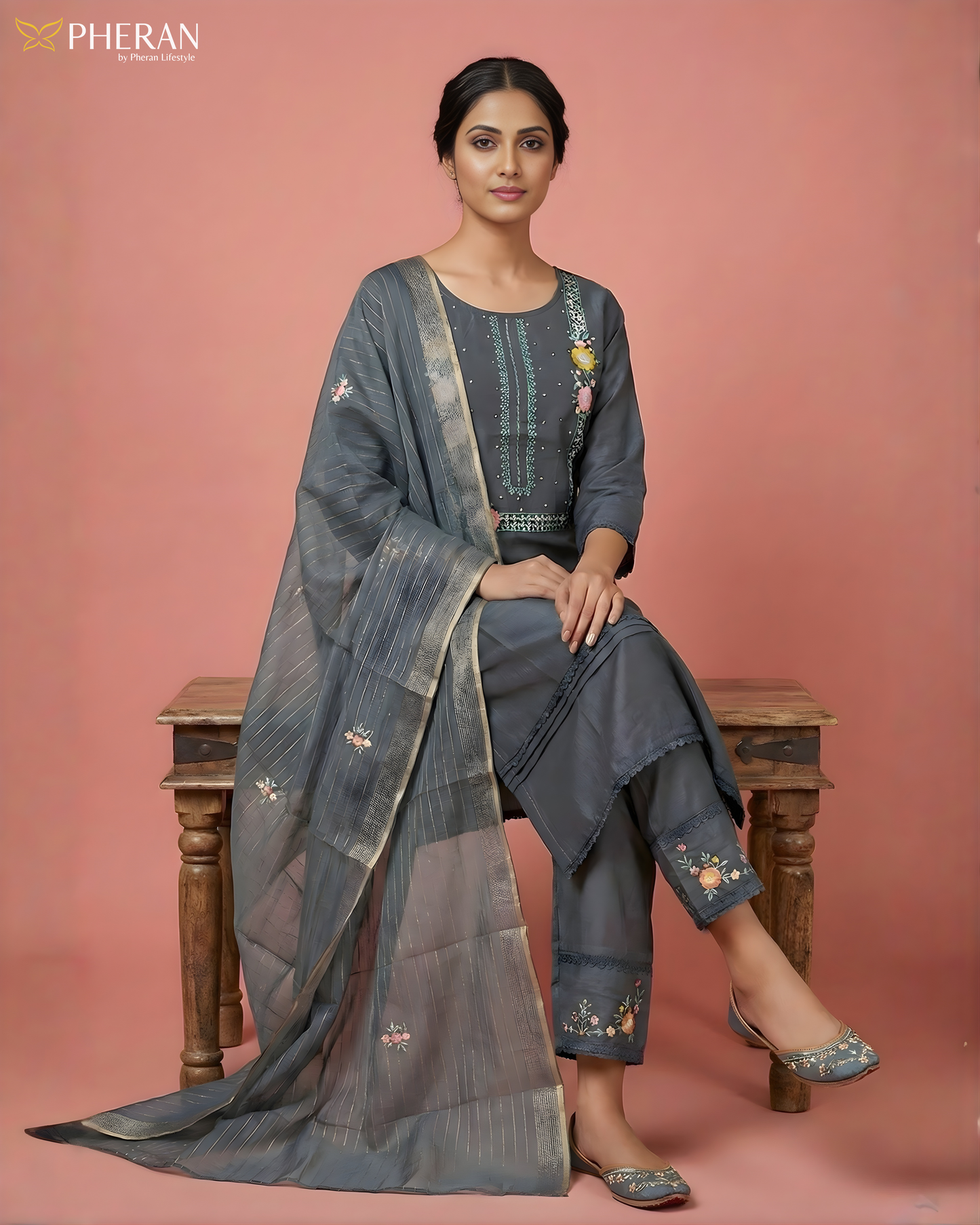 Pheran Charcoal Grey Floral Embroidered Kurta Set with Dupatta (SV-KL71-GR)