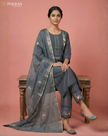 Pheran Charcoal Grey Floral Embroidered Kurta Set with Dupatta (SV-KL71-GR)