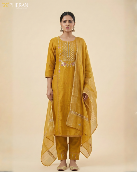 Pheran Mustard Yellow Floral Embroidered Kurta Set with Dupatta (SV-KL74-YL)