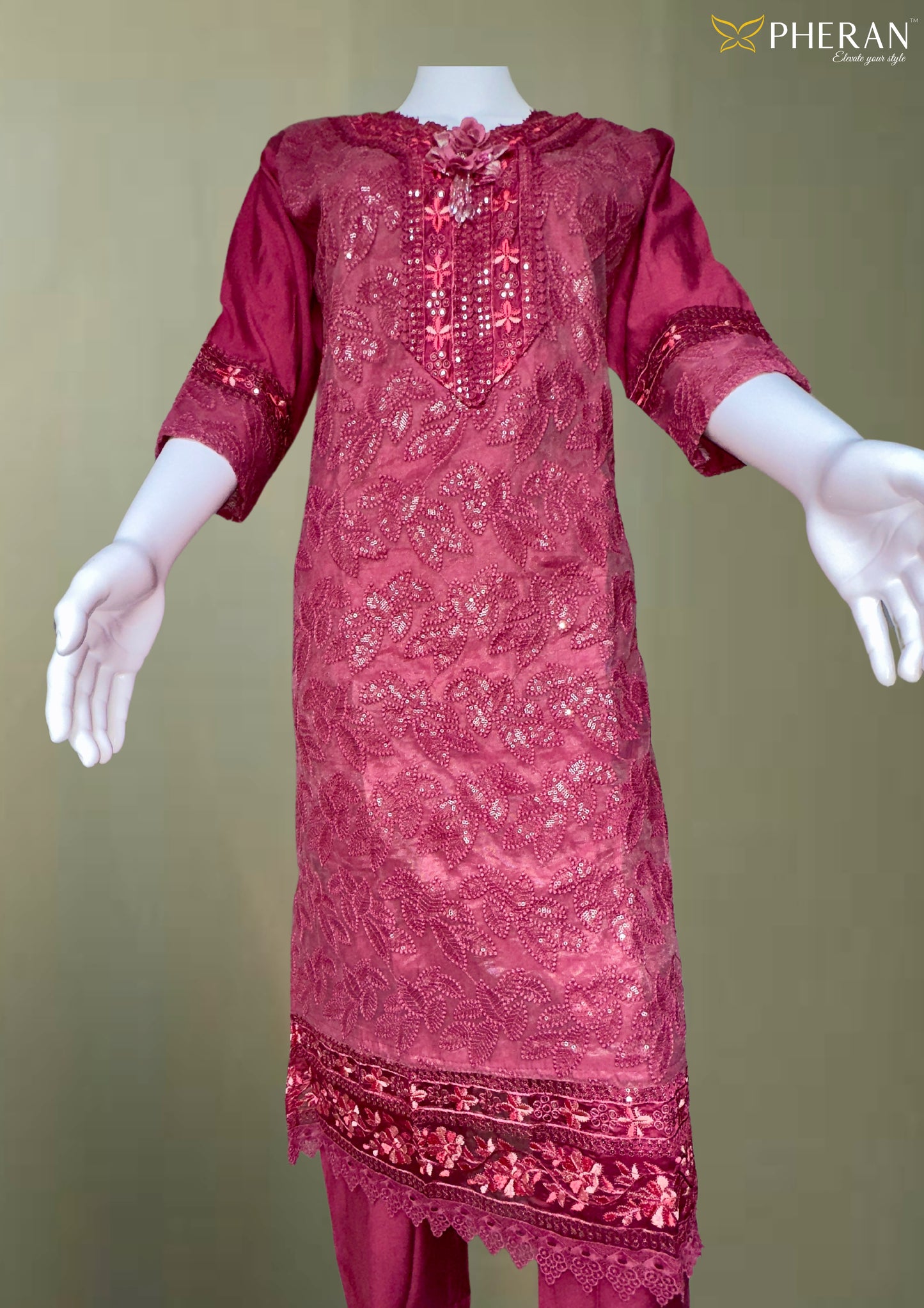 Pheran Maroon Embroidered Kurta Set with Dupatta (A2-MR)