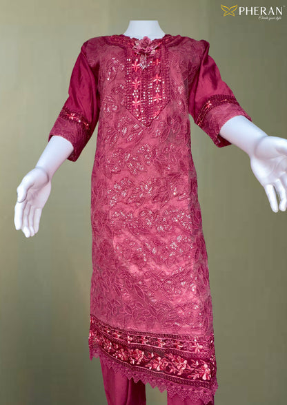 Pheran Maroon Embroidered Kurta Set with Dupatta (A2-MR)