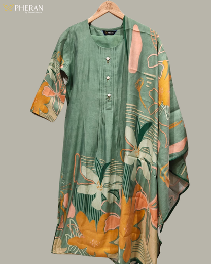 Pheran Women's Sage Green Premium Silk Cotton Suit Set  AM78