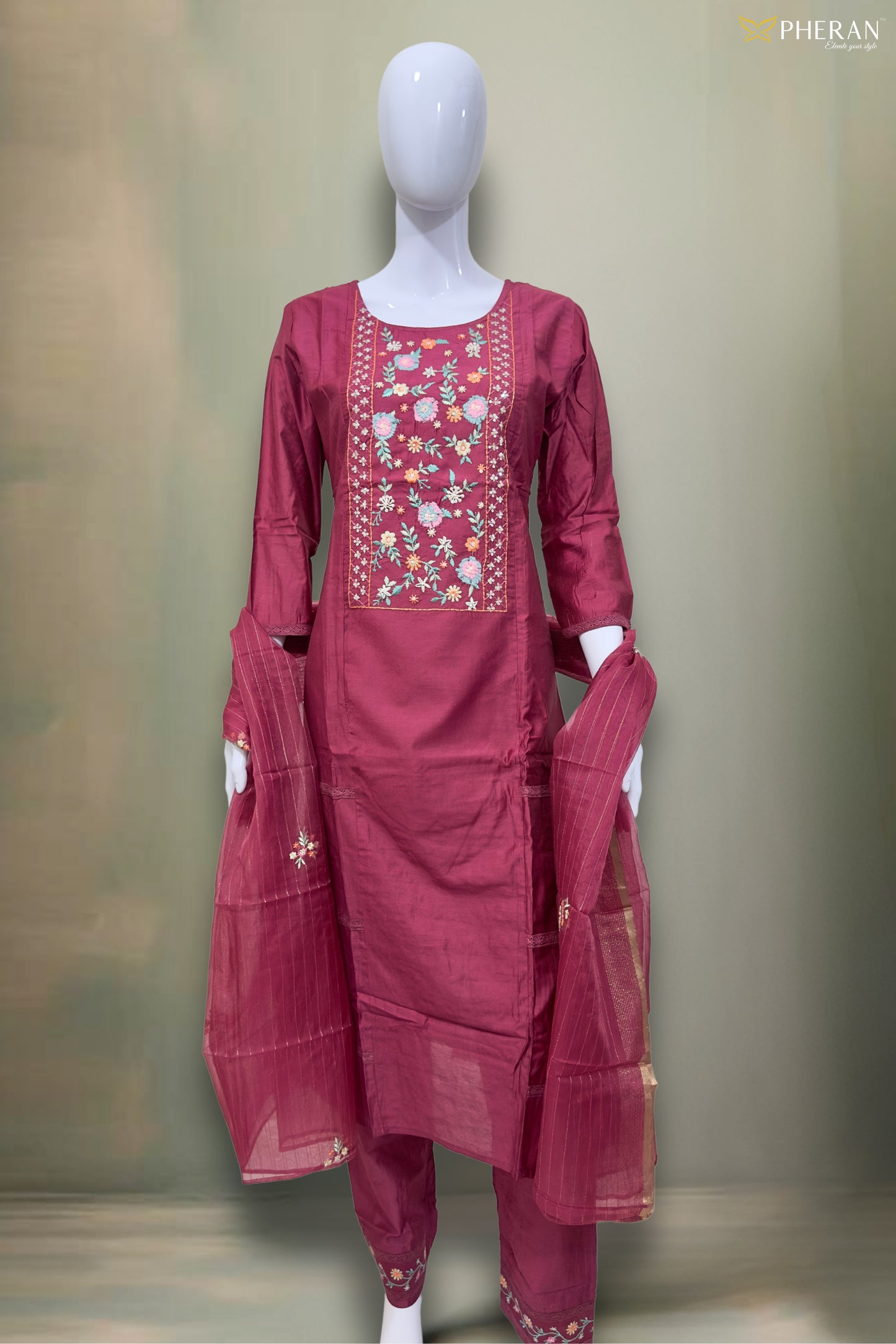 Pheran Deep Maroon Floral Embroidered Kurta Set with Dupatta (SV-KL72-MN)