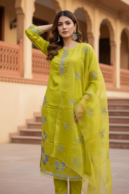 Pheran Women’s Lime Green Floral Embroidered Kurta Set with Dupatta (A2-9YE-95S)