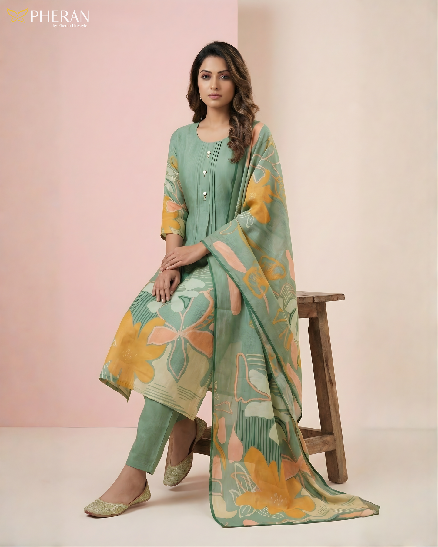 Pheran Women's Sage Green Premium Silk Cotton Suit Set  AM78