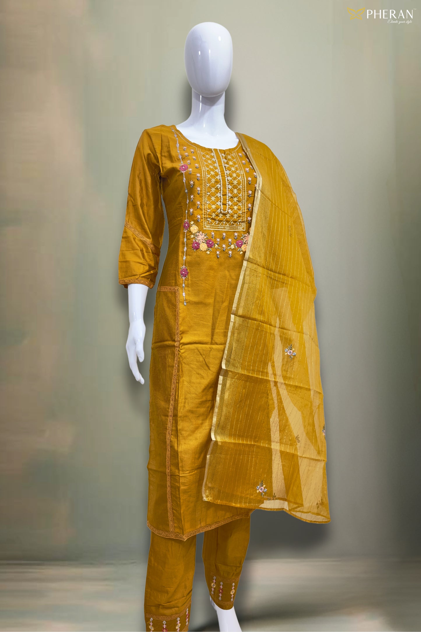 Pheran Mustard Yellow Floral Embroidered Kurta Set with Dupatta (SV-KL74-YL)