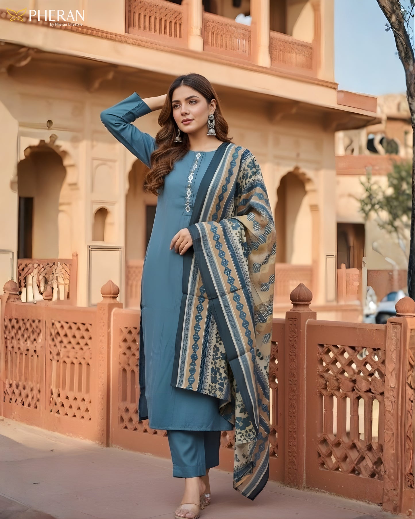 Pheran Women's Teal Blue and Ochre Print Modal Suit Set AM86