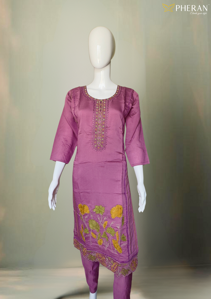 Pheran Lavender Floral Embroidered Kurta Set with Dupatta (A2-LV-SU)