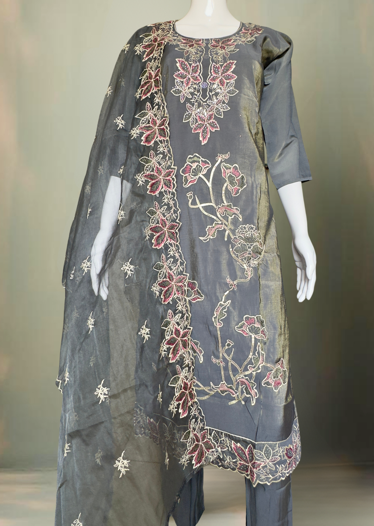 Pheran Charcoal Grey Floral Embroidered Kurta Set with Dupatta (A2-GR-SU)