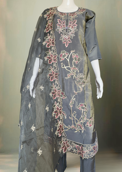 Pheran Charcoal Grey Floral Embroidered Kurta Set with Dupatta (A2-GR-SU)