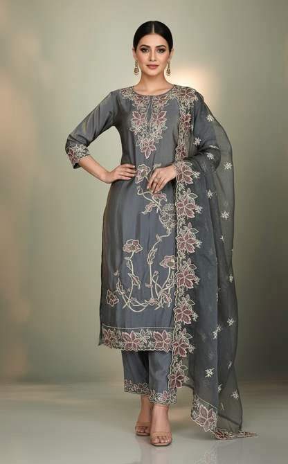 Pheran Charcoal Grey Floral Embroidered Kurta Set with Dupatta (A2-GR-SU)