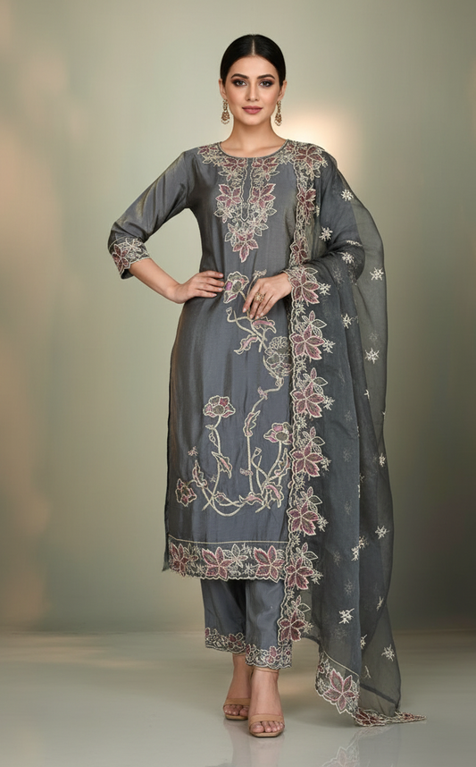 Pheran Charcoal Grey Floral Embroidered Kurta Set with Dupatta (A2-GR-SU)