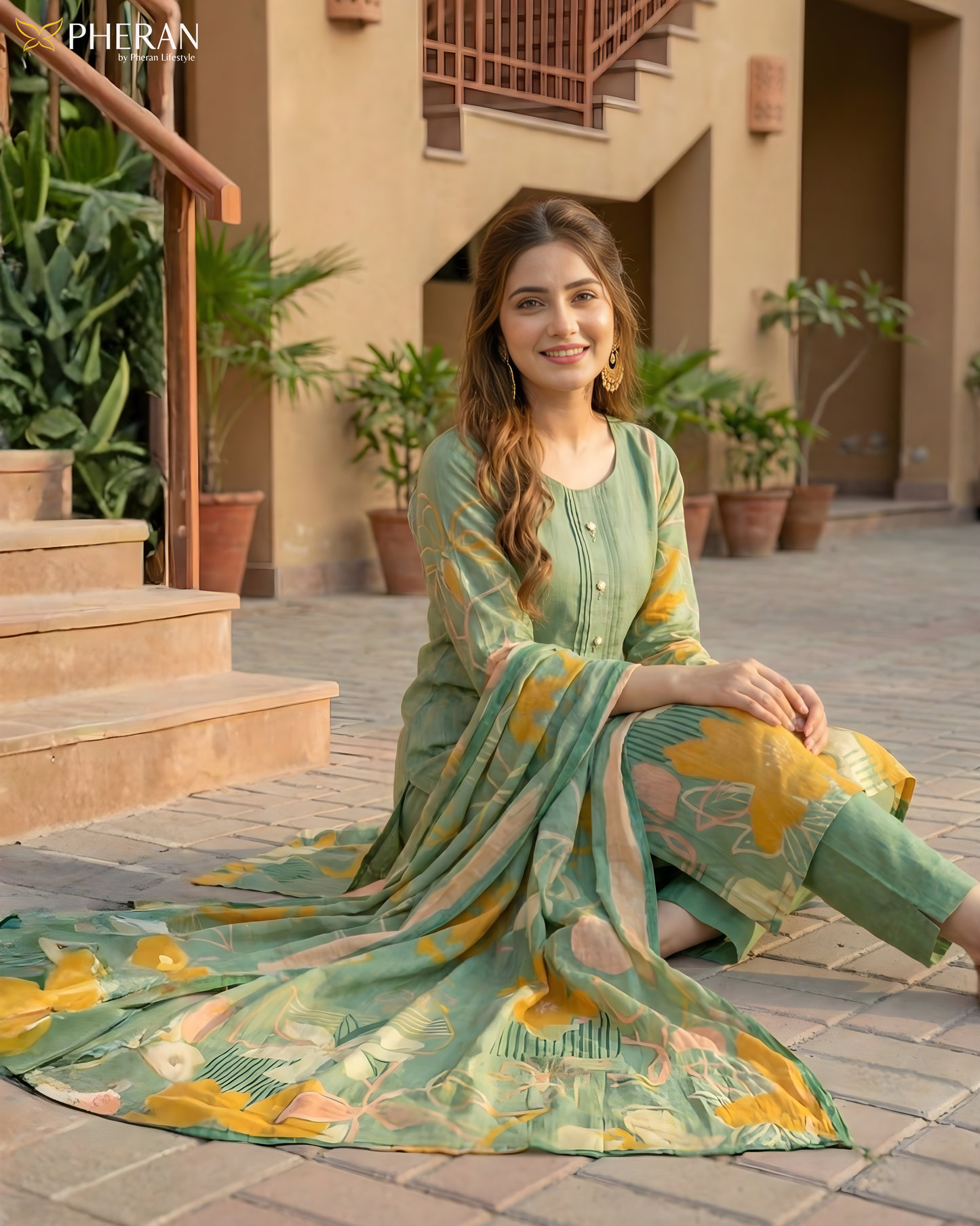 Pheran Women's Sage Green Premium Silk Cotton Suit Set  AM78