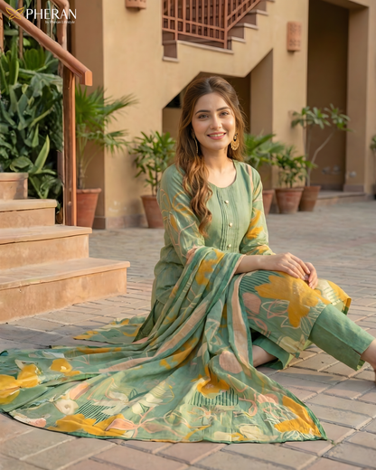 Pheran Women's Sage Green Premium Silk Cotton Suit Set  AM78