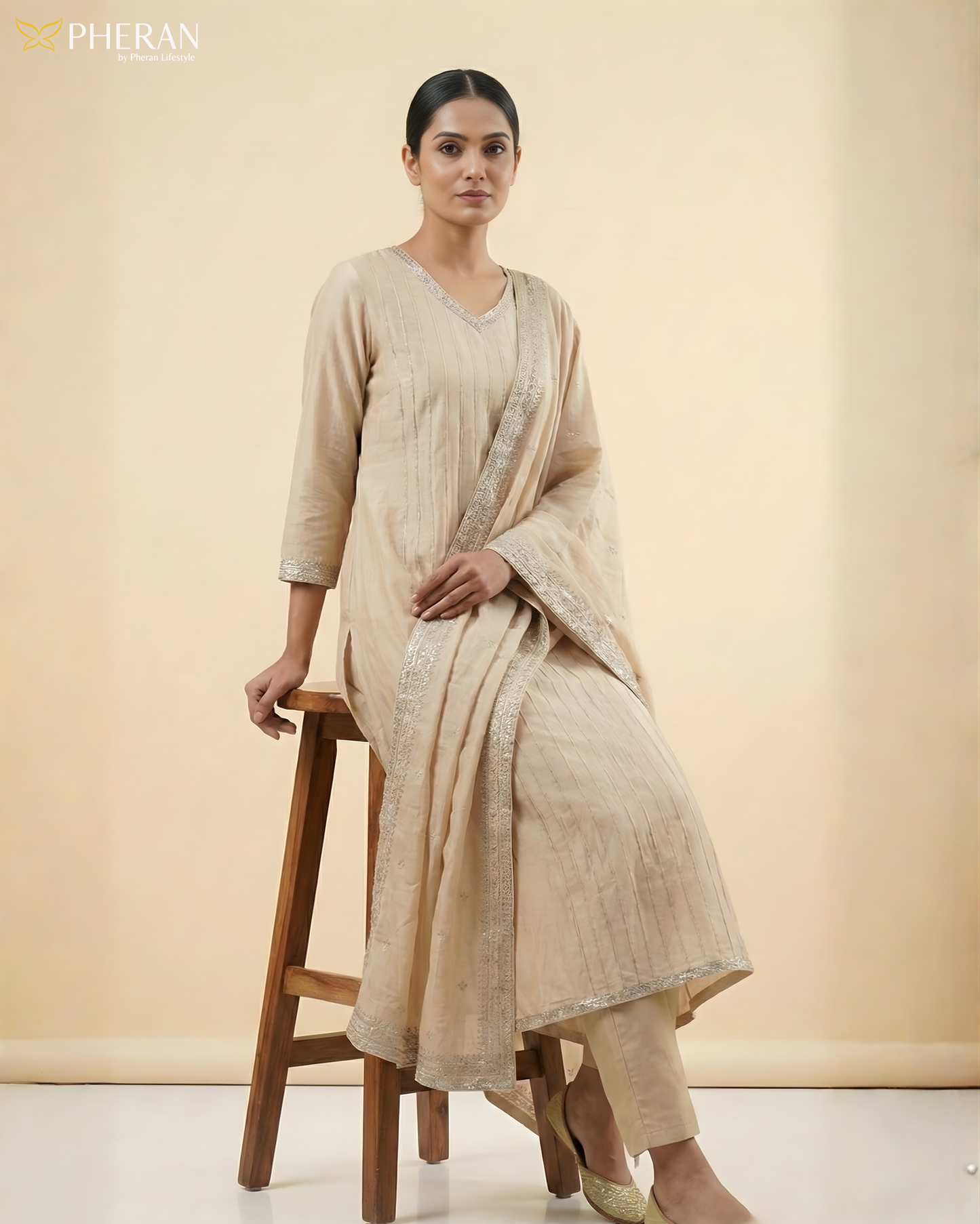 Pheran Women's Elegant Beige Suit Set with Silver Detailing AM76