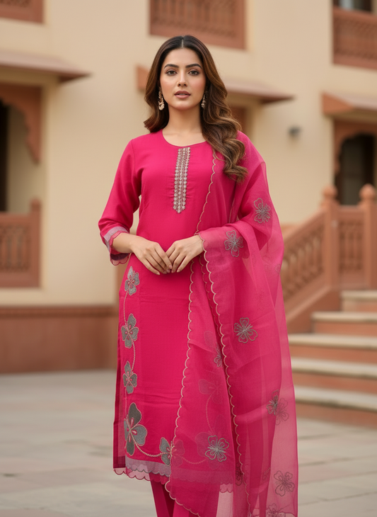 Pheran Pink Butterfly Embroidered Kurta Set with Delicate Organza Dupatta (A2-9PK-95S)