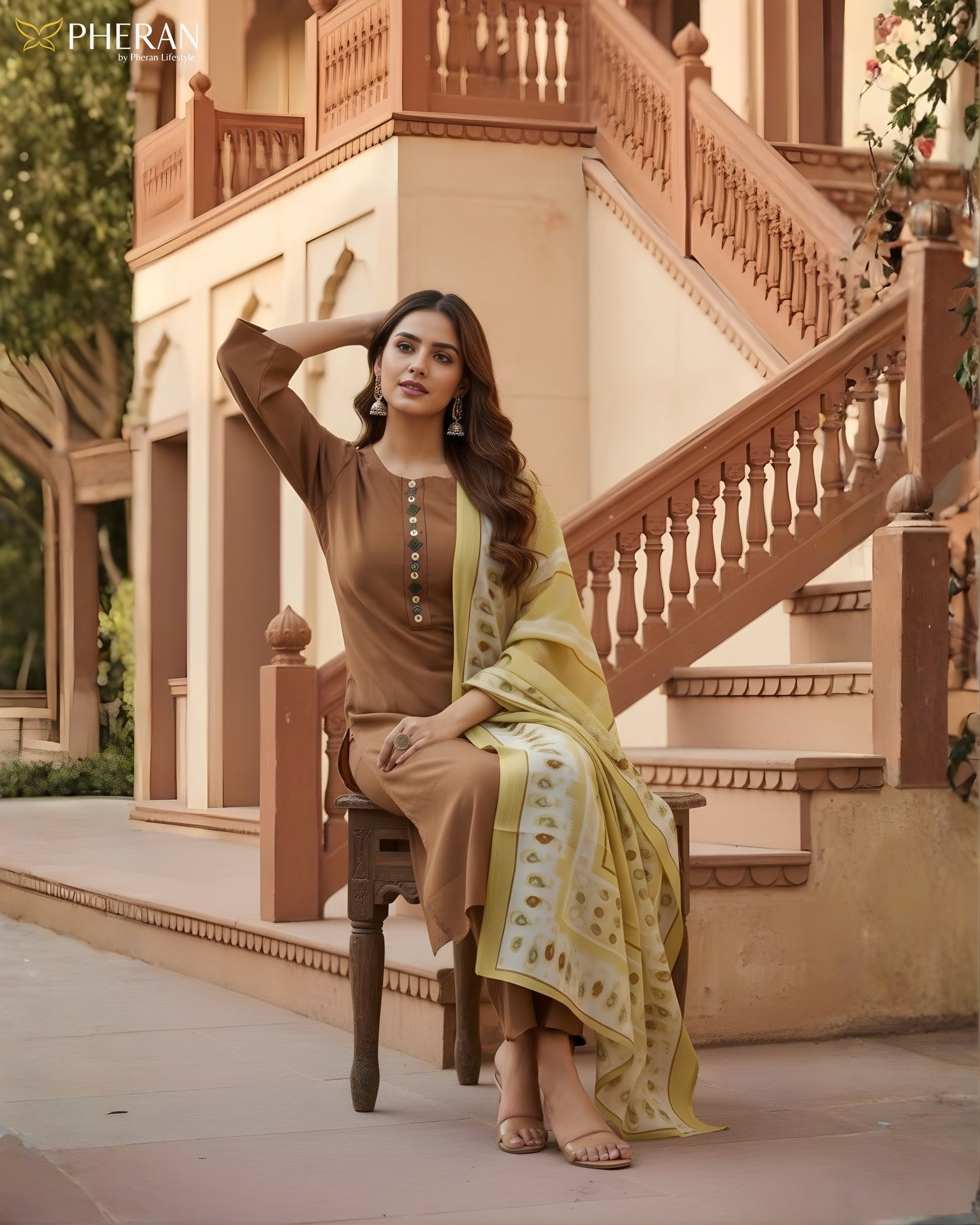 Pheran Women's Brown and Sunshine Print Modal Suit Set  AM85