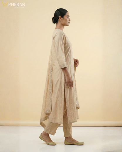 Pheran Women's Elegant Beige Suit Set with Silver Detailing AM76