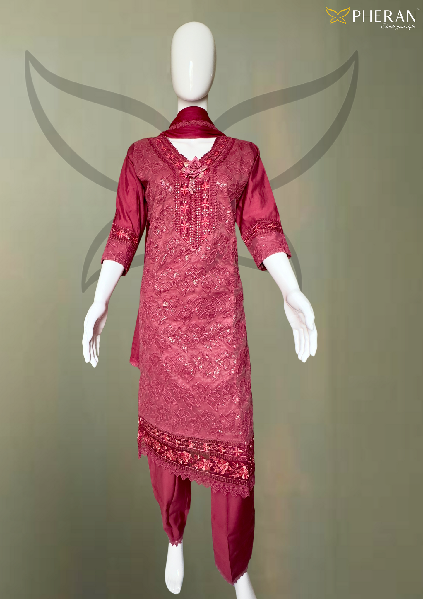Pheran Maroon Embroidered Kurta Set with Dupatta (A2-MR)