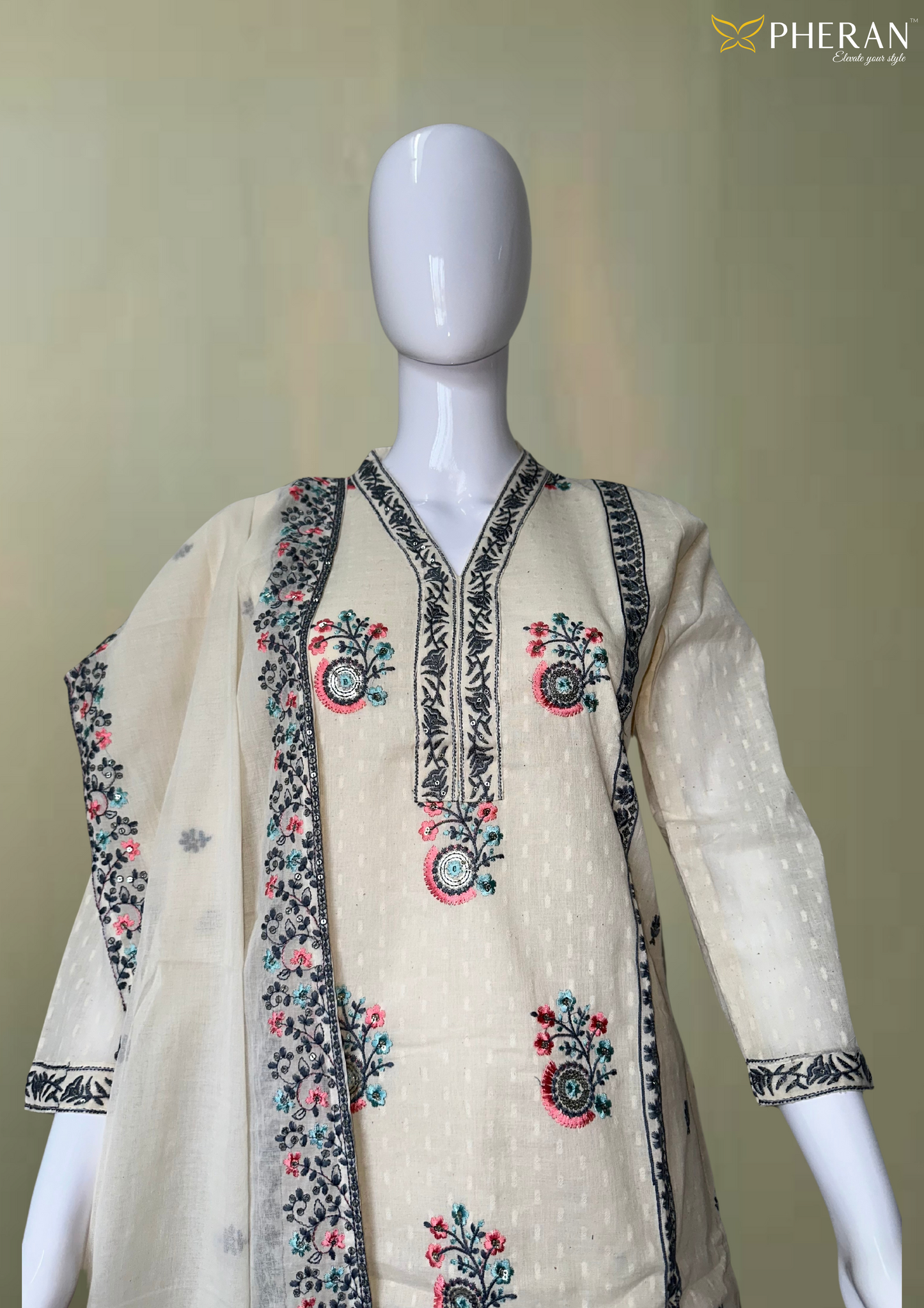 Pheran Ivory Cotton Floral Embroidered Kurta Set with Dupatta (BO-KR-CR)