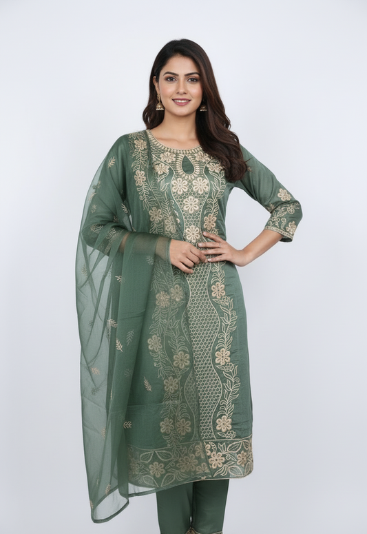 Pheran Olive Green Intricately Embroidered Kurta Set with Dupatta (A2-OG-SU)