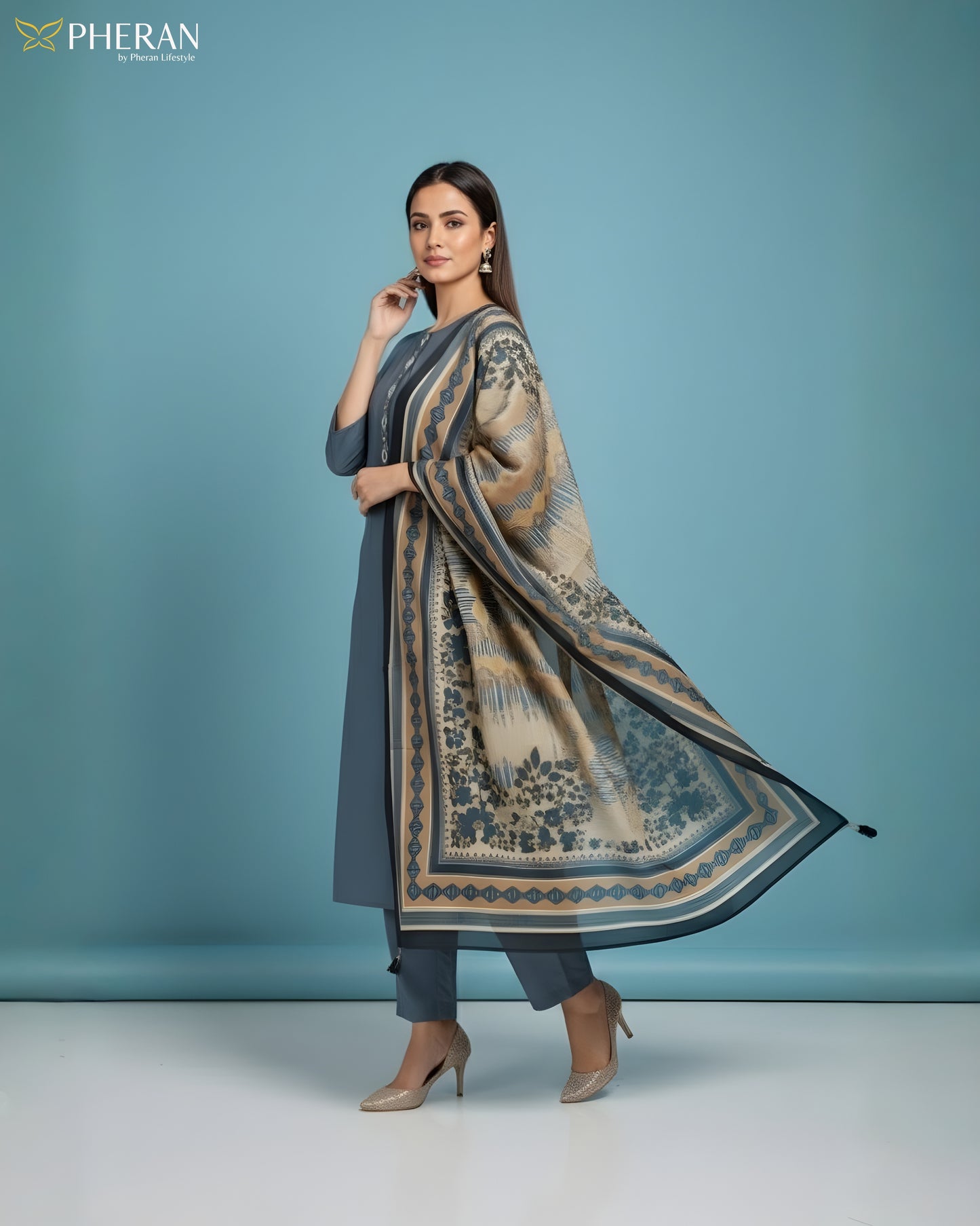Pheran Women's Teal Blue and Ochre Print Modal Suit Set AM86