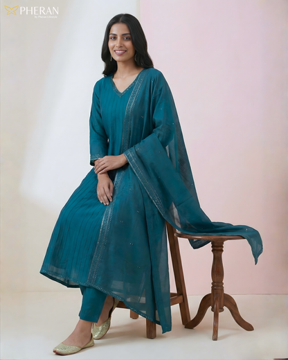 Pheran Women's Solid Teal Blue Cotton Suit Set AM83