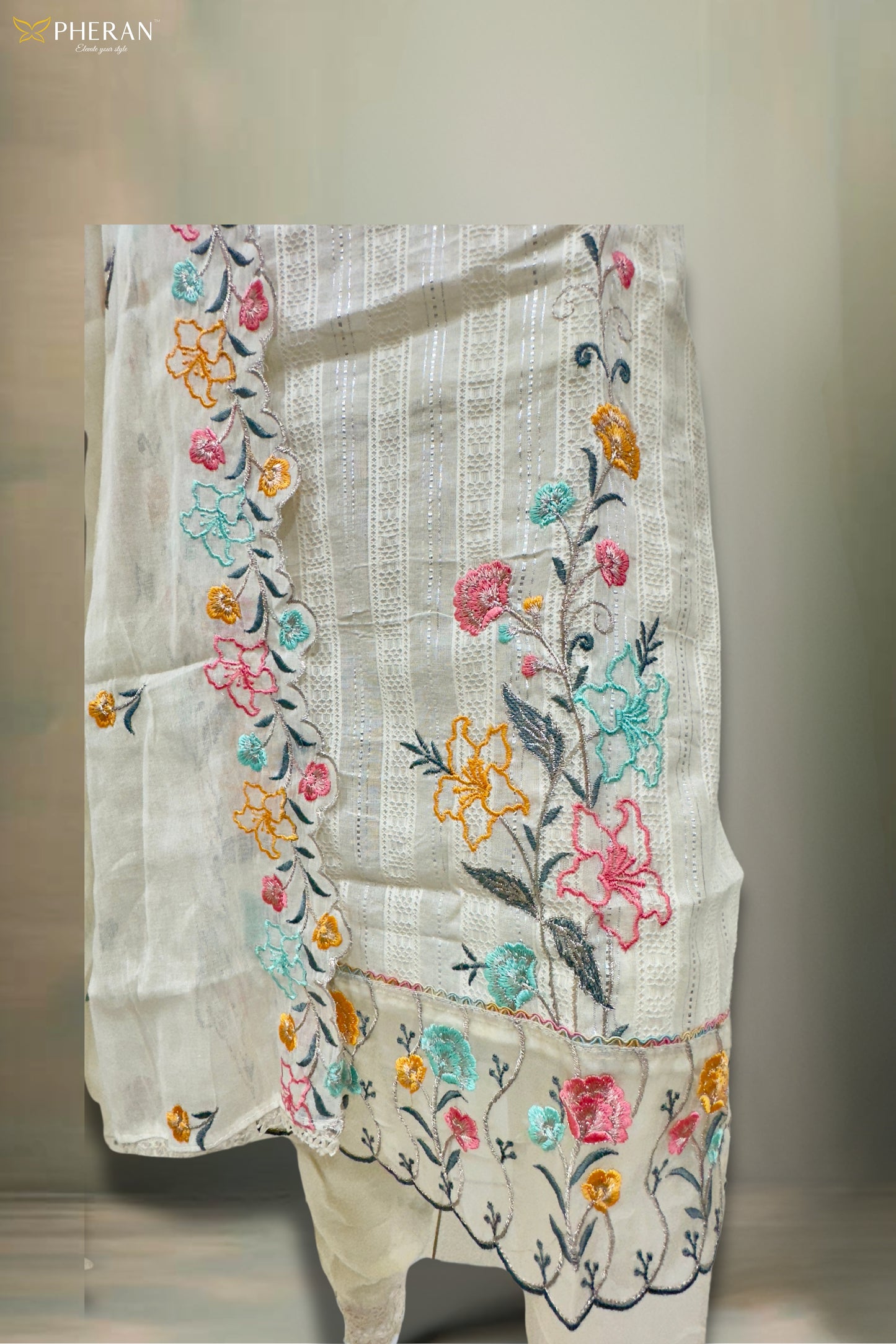 Pheran Women’s Ivory Floral Embroidered Kurta Set with Dupatta