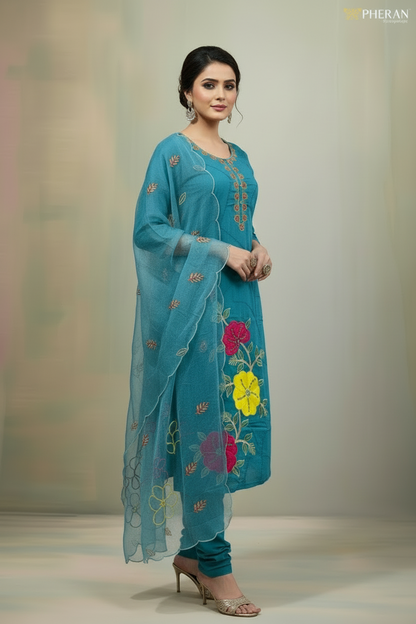 Pheran Teal Floral Embroidered Kurta Set with Organza Dupatta (A2-8TE-95S)