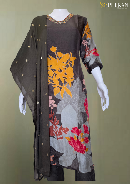 Pheran Black Floral Embroidered Silk Kurta Set with Dupatta (BO-FC-1034)