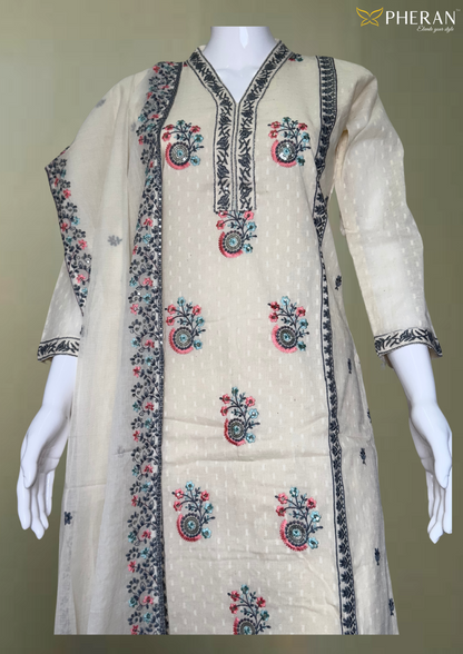 Pheran Ivory Cotton Floral Embroidered Kurta Set with Dupatta (BO-KR-CR)