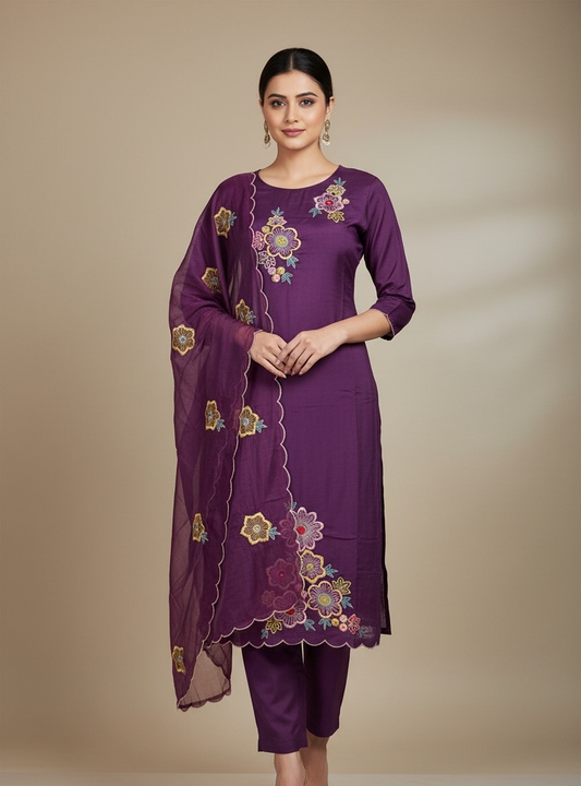 Pheran Purple Floral Embroidered Kurta Set with Dupatta (A2-PR-SU)