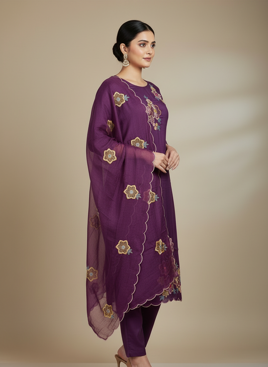 Pheran Purple Floral Embroidered Kurta Set with Dupatta (A2-PR-SU)