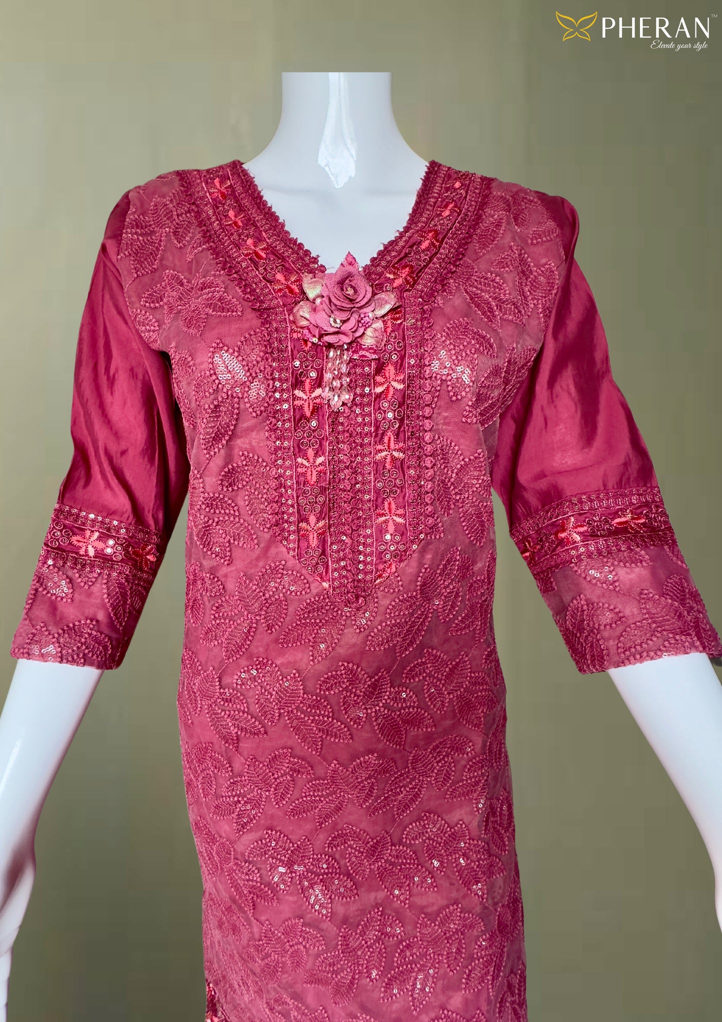 Pheran Maroon Embroidered Kurta Set with Dupatta (A2-MR)