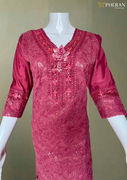 Pheran Maroon Embroidered Kurta Set with Dupatta (A2-MR)