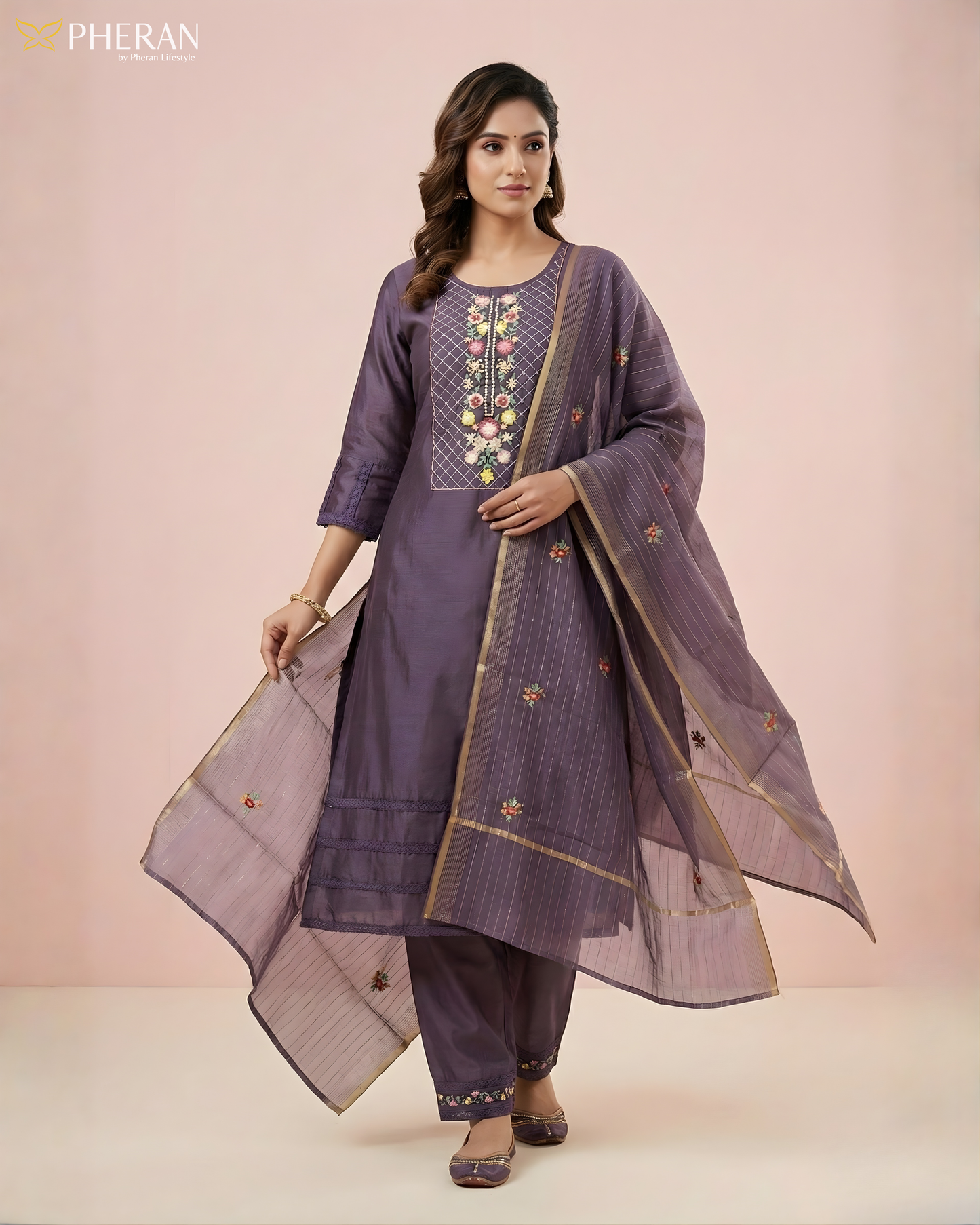 Pheran Lavish Lavender Embroidered Kurta Set with Dupatta (SV-KL73-LV)