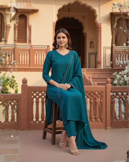 Pheran Women's Solid Teal Blue Cotton Suit Set AM83