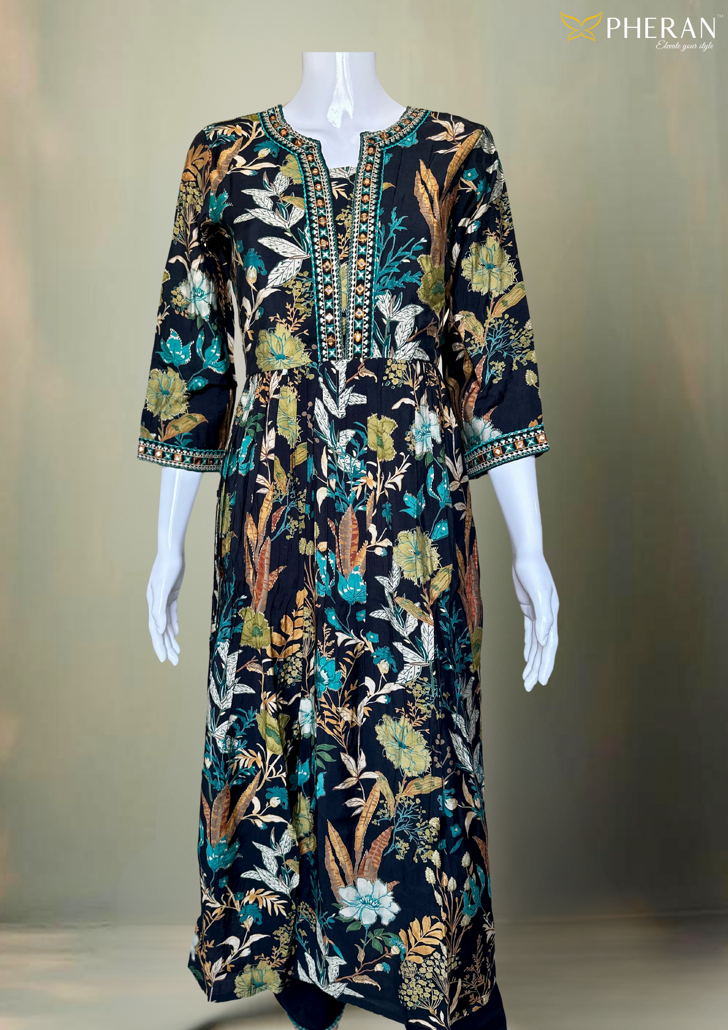 Pheran Black Floral Women's  Anarkali Kurta Set with Dupatta (M4-1973-BL-AK)