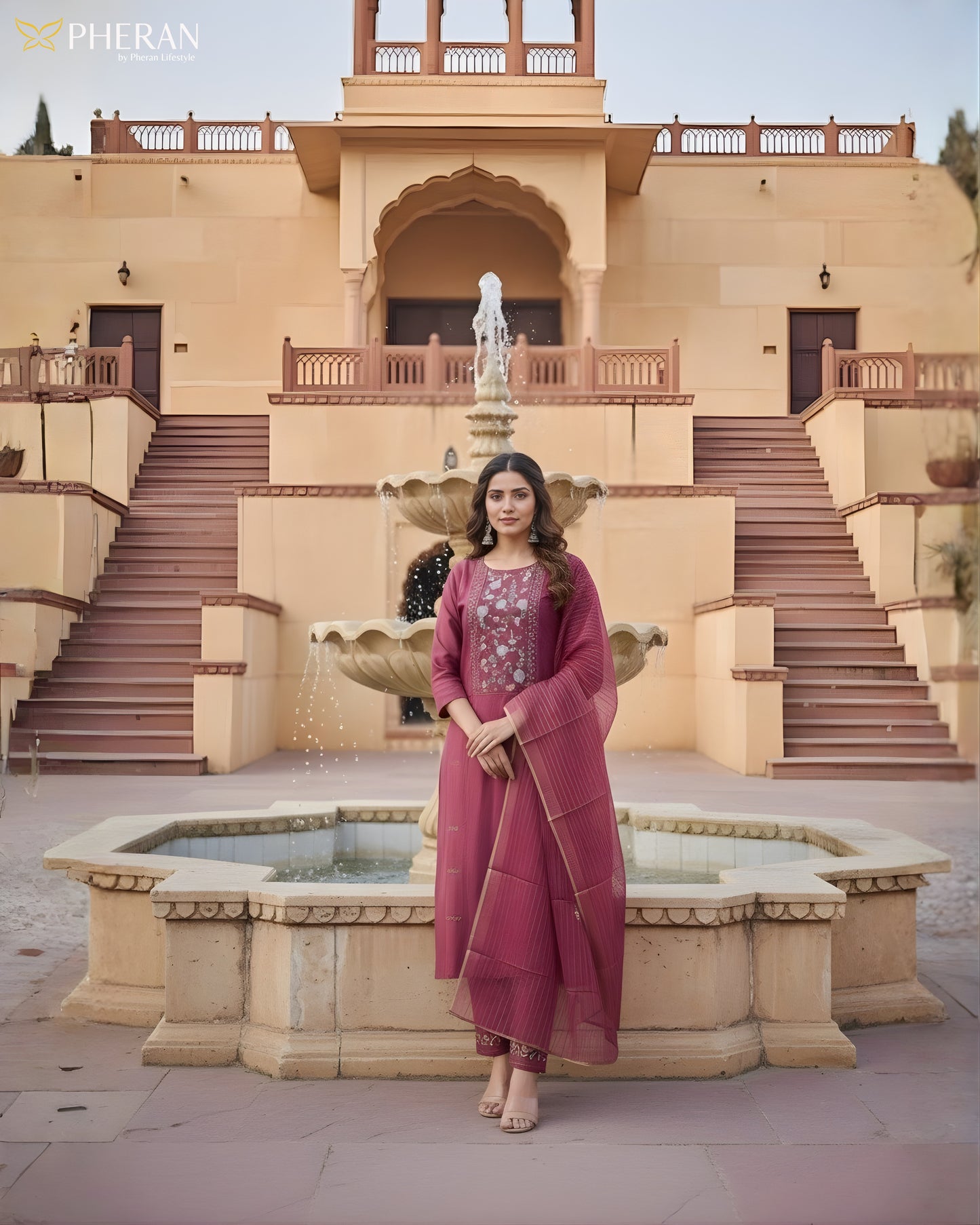 Pheran Deep Maroon Floral Embroidered Kurta Set with Dupatta (SV-KL72-MN)