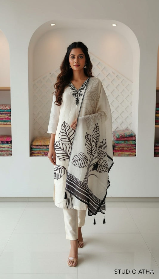Pheran White and Black Embroidered Kurta Set with Botanical Printed Dupatta (BO-A1-0110-CR)