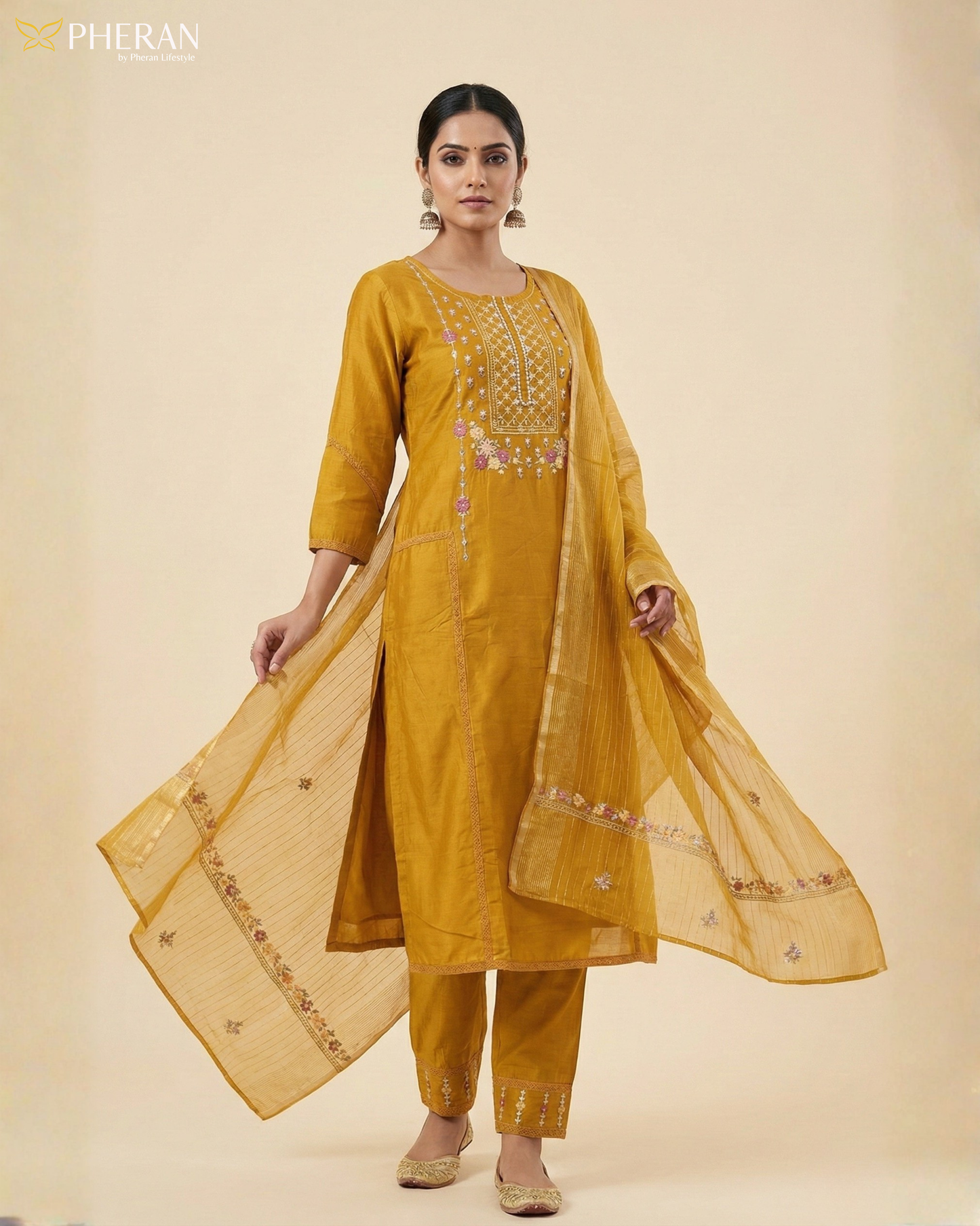 Pheran Mustard Yellow Floral Embroidered Kurta Set with Dupatta (SV-KL74-YL)