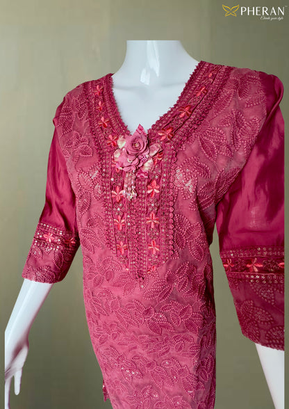 Pheran Maroon Embroidered Kurta Set with Dupatta (A2-MR)